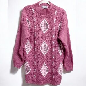 Vintage Spice of Life Rose Pink & White Chunky‎ Crochet Sweater Size Medium